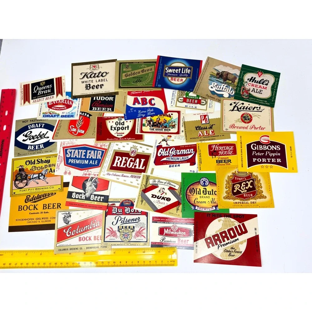 Lot of 30 Random Mixed Beer Labels Mostly 1970s Mixed Breweriana Bar Decor